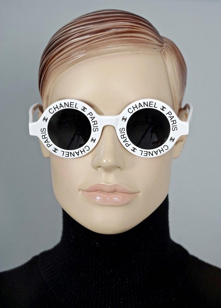Vintage 1993 Iconic CHANEL PARIS CC Logo Round White Sunglasses at