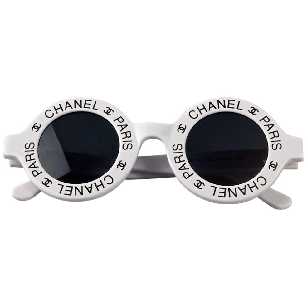 Vintage 1993 Iconic CHANEL PARIS CC Logo Round White Sunglasses at 1stDibs