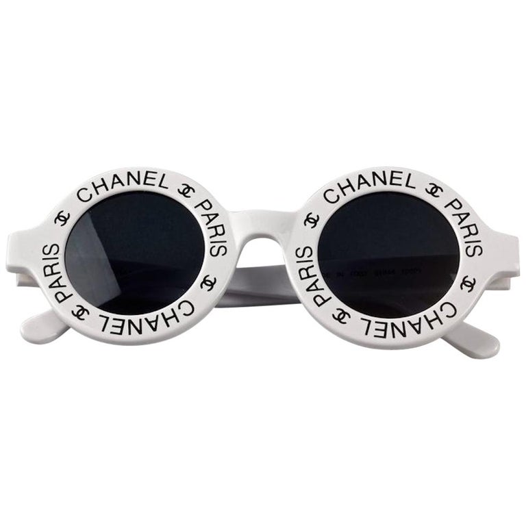 Vintage 1993 Iconic CHANEL PARIS CC Logo Round White Sunglasses