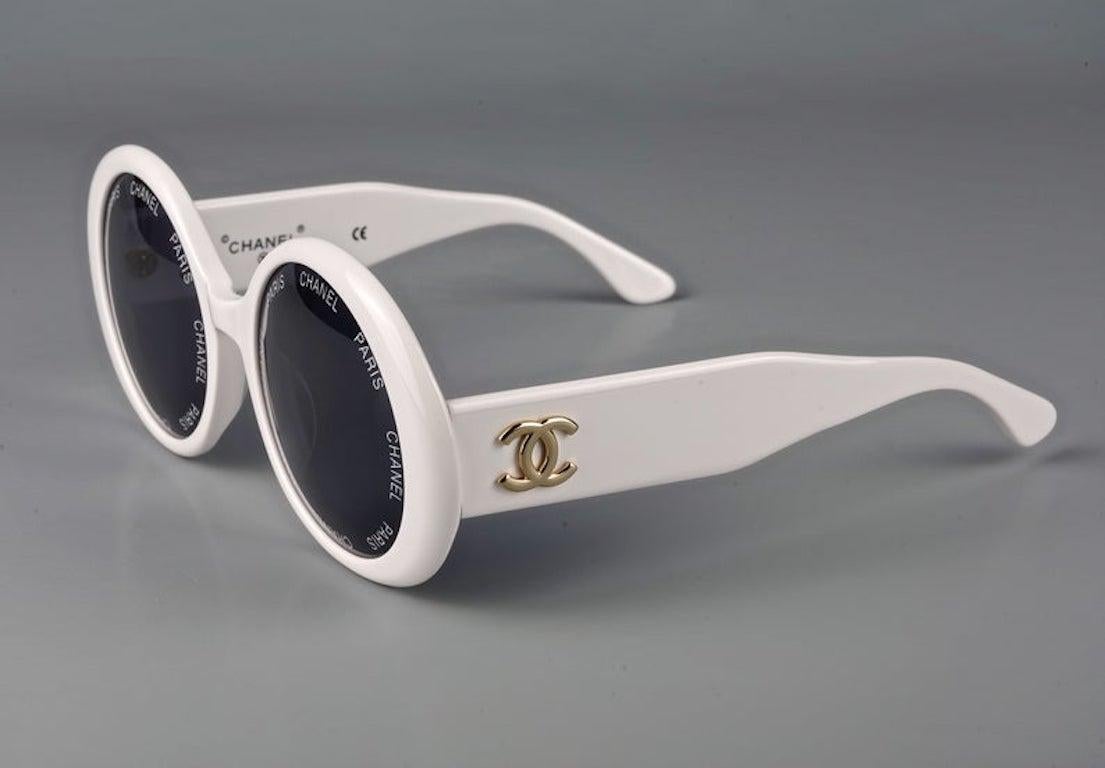 Black Vintage 1993 Iconic CHANEL PARIS Lens Round White Sunglasses As Seen On Rihana