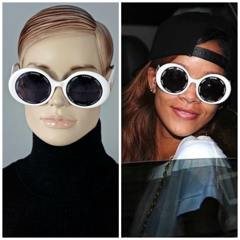 Vintage 1993 Iconic CHANEL PARIS Lens Round White Sunglasses As Seen On Rihana 3