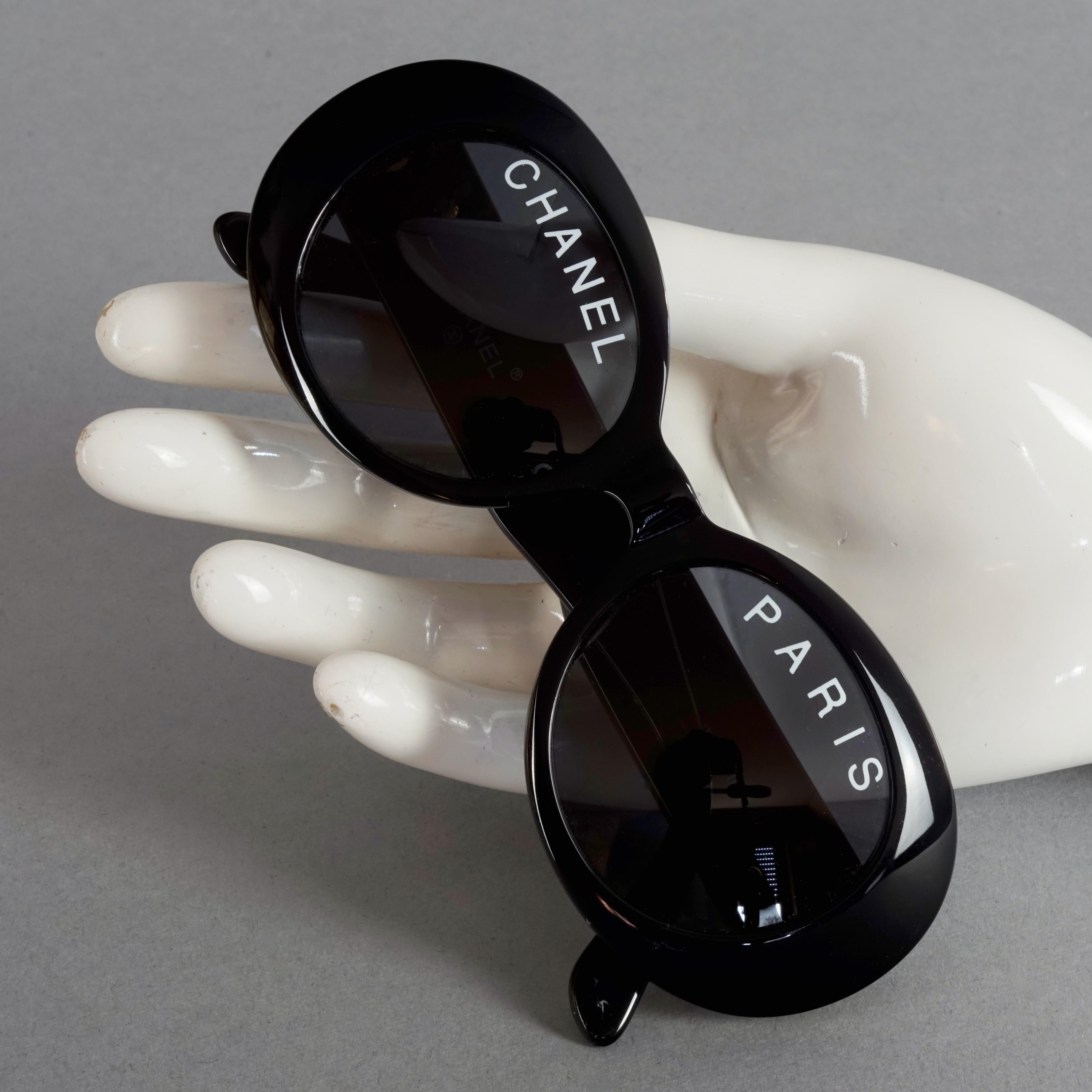 Vintage 1993 Iconic CHANEL PARIS Spelled Black Sunglasses For Sale 5
