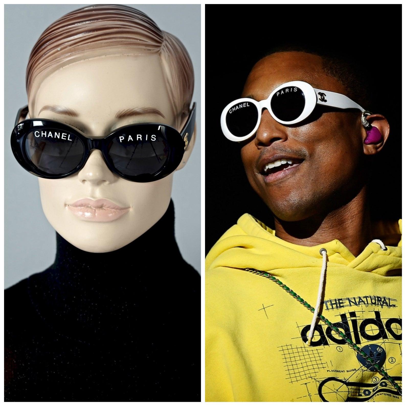 Vintage 1993 Iconic CHANEL PARIS Spelled Black Sunglasses

Measurements:
Height: 2.12 inches (5.4 cm)
Frame Width: 5.51 inches (14 cm)
Temples: 5.11 inches (13 cm)

As seen on Pharrell Williams.
From CHANEL Spring/ Summer 1993