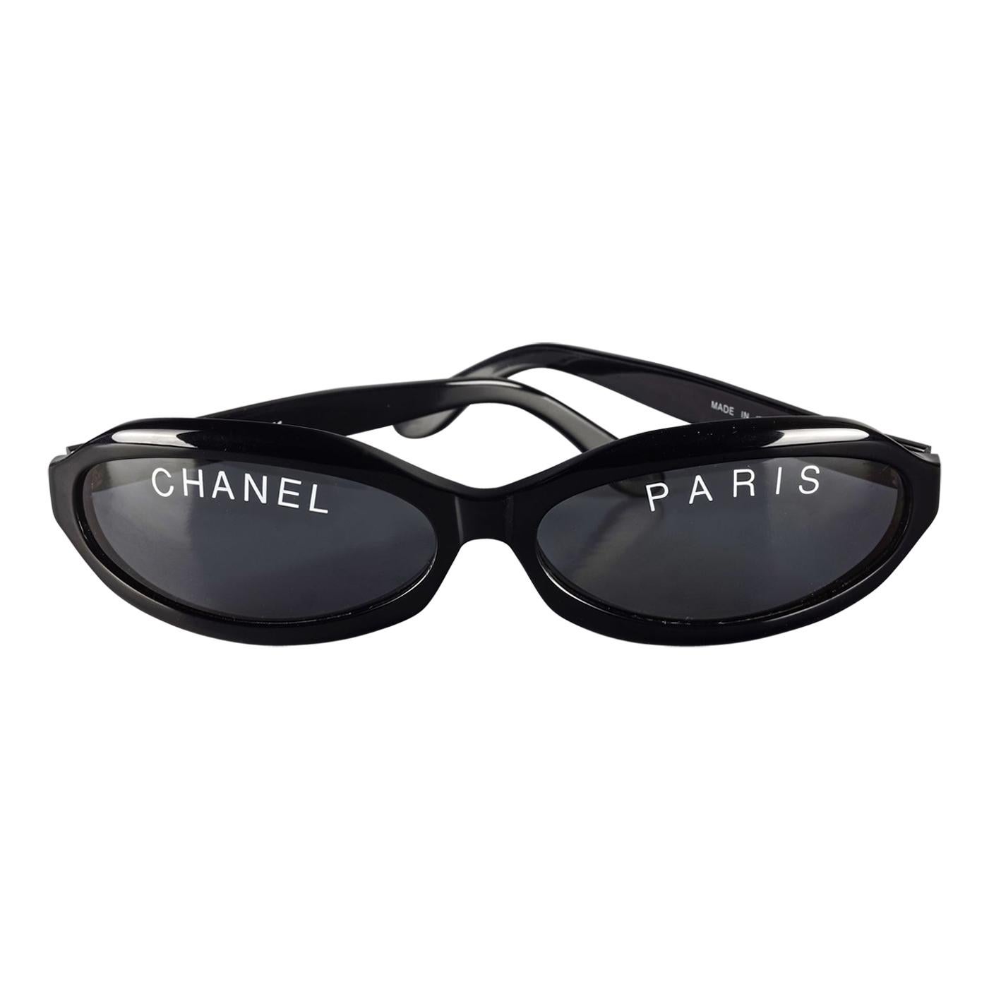 Vintage 1993 Iconic CHANEL PARIS Spelled Narrow Frame Black Sunglasses