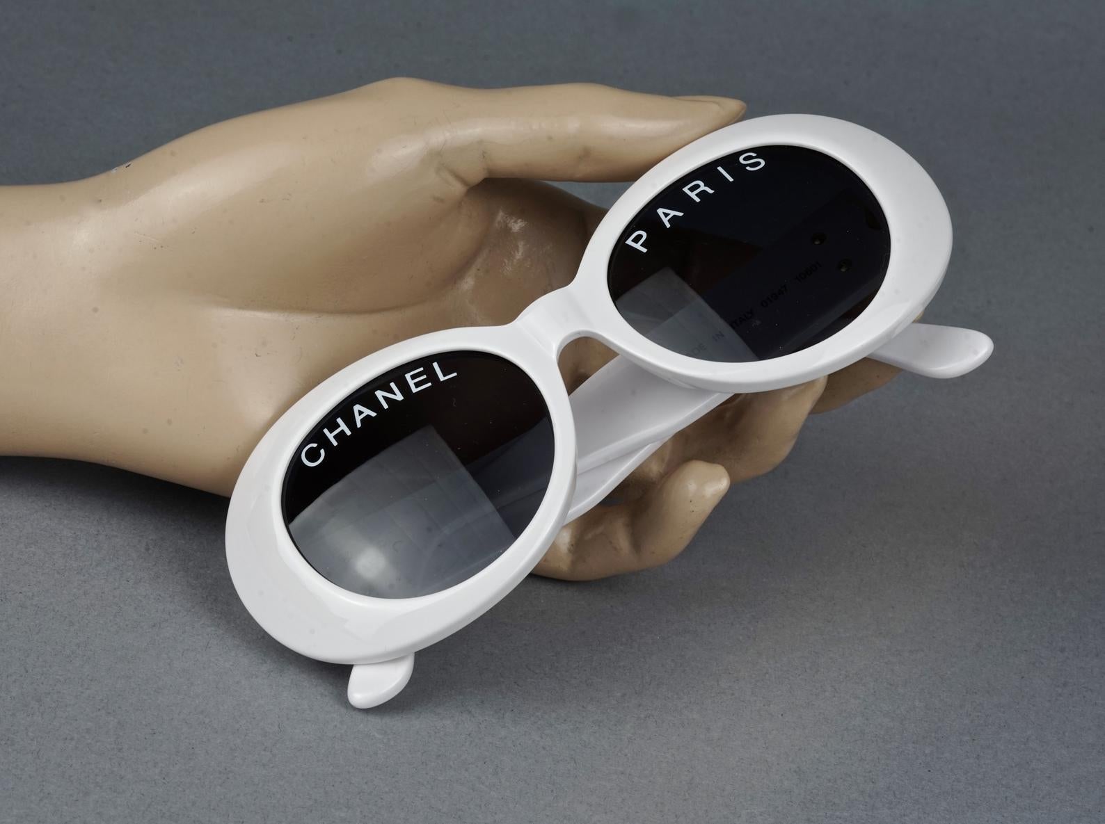 Women's or Men's Vintage 1993 Iconic CHANEL PARIS Spelled White Sunglasses For Sale