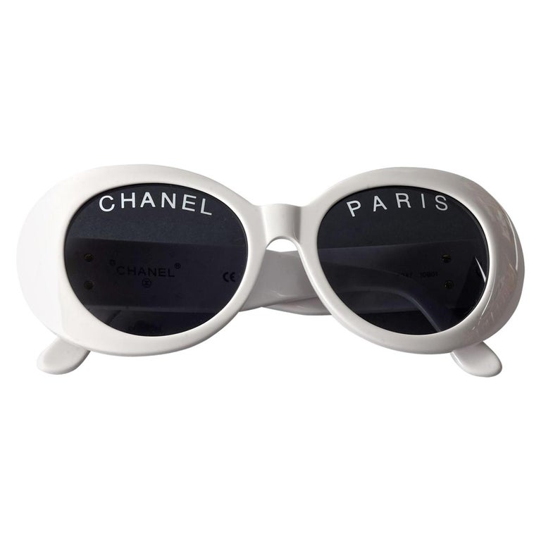 Vintage 1993 Iconic CHANEL PARIS Spelled White Sunglasses For Sale