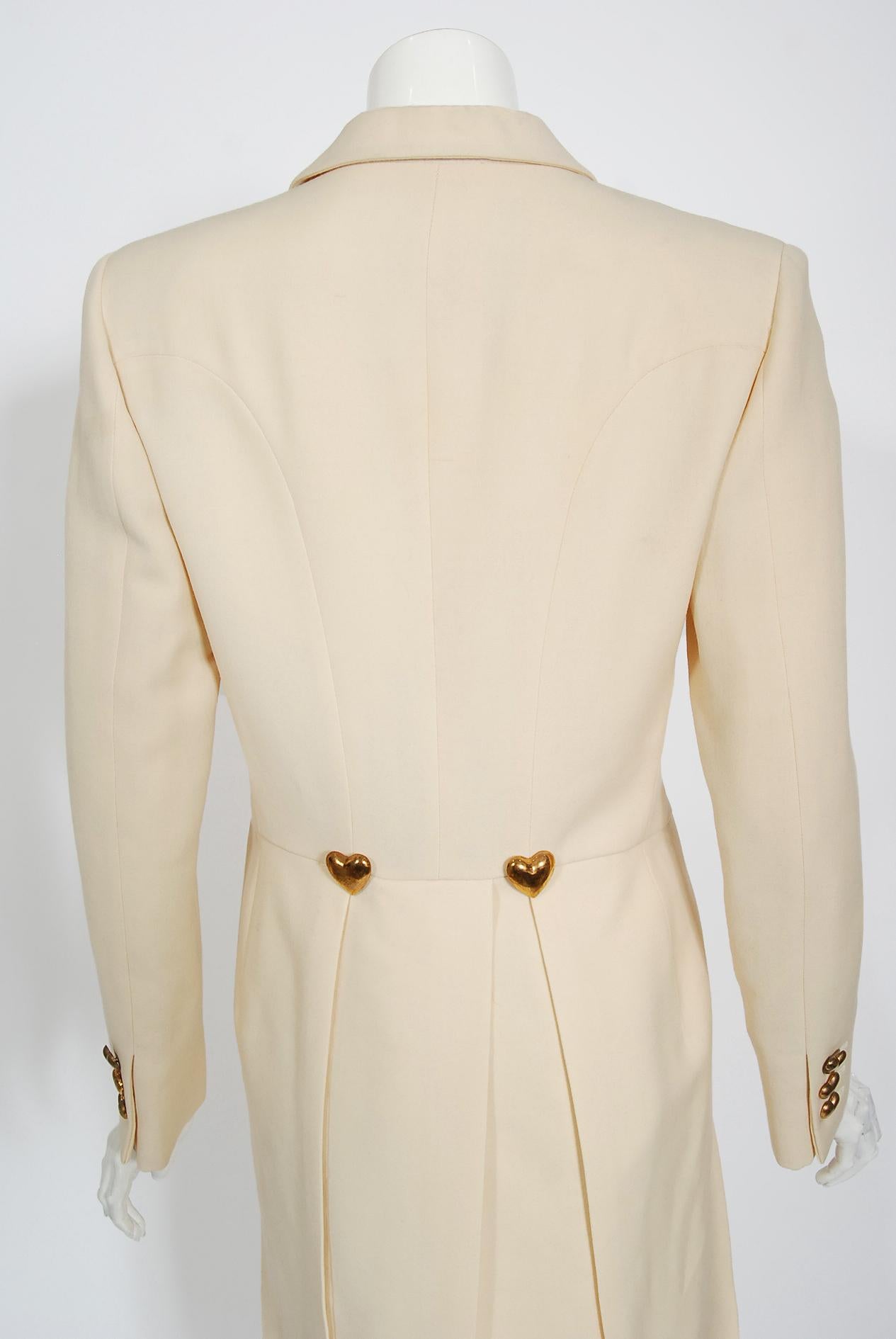 Vintage 1993 Moschino Couture Cream Wool Heart Buttons Tuxedo Jacket & Pants Set 6