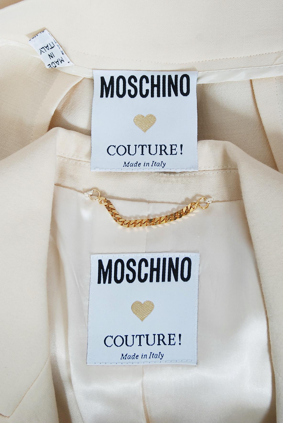 Vintage 1993 Moschino Couture Cream Wool Heart Buttons Tuxedo Jacket & Pants Set 8