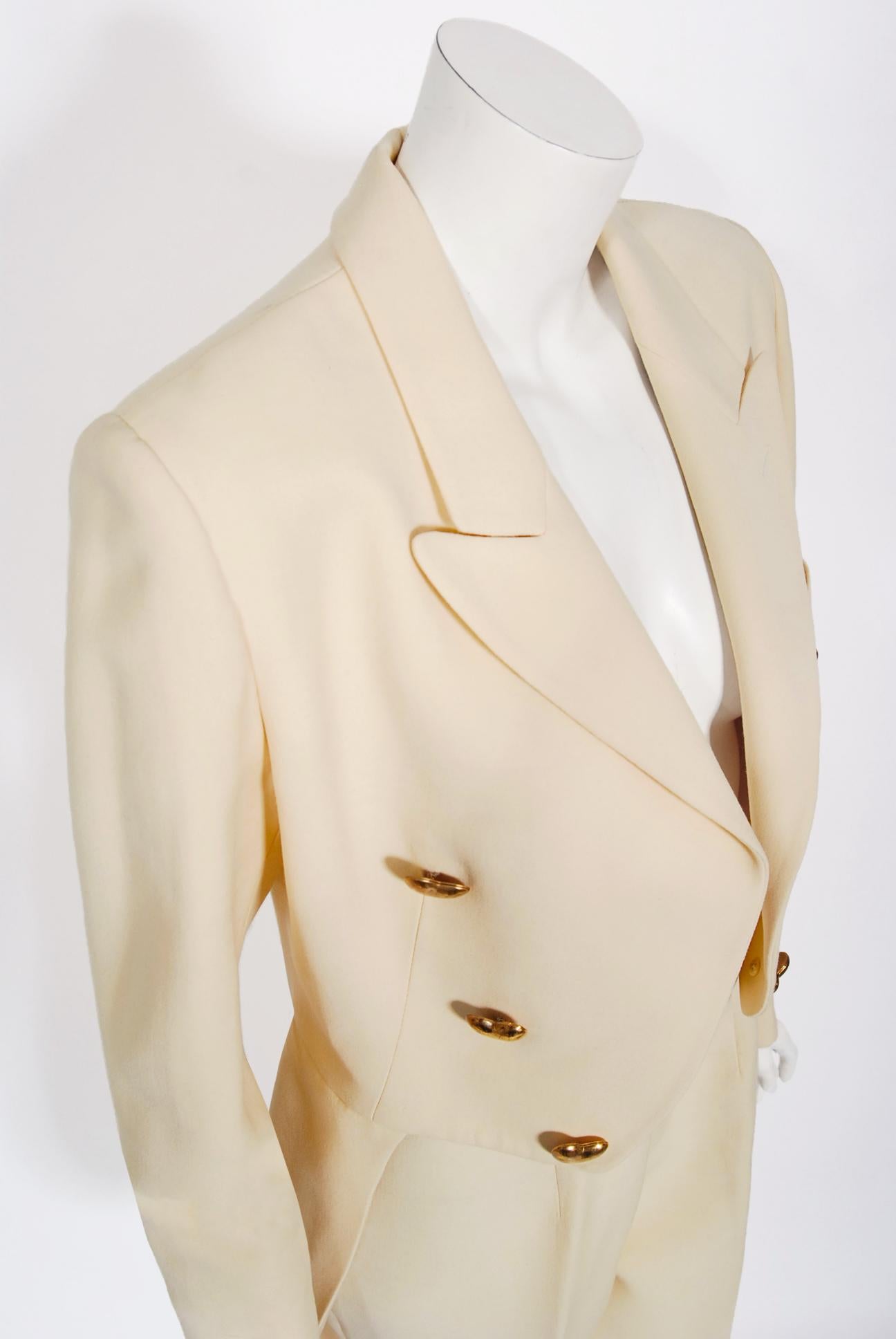Beige Vintage 1993 Moschino Couture Cream Wool Heart Buttons Tuxedo Jacket & Pants Set
