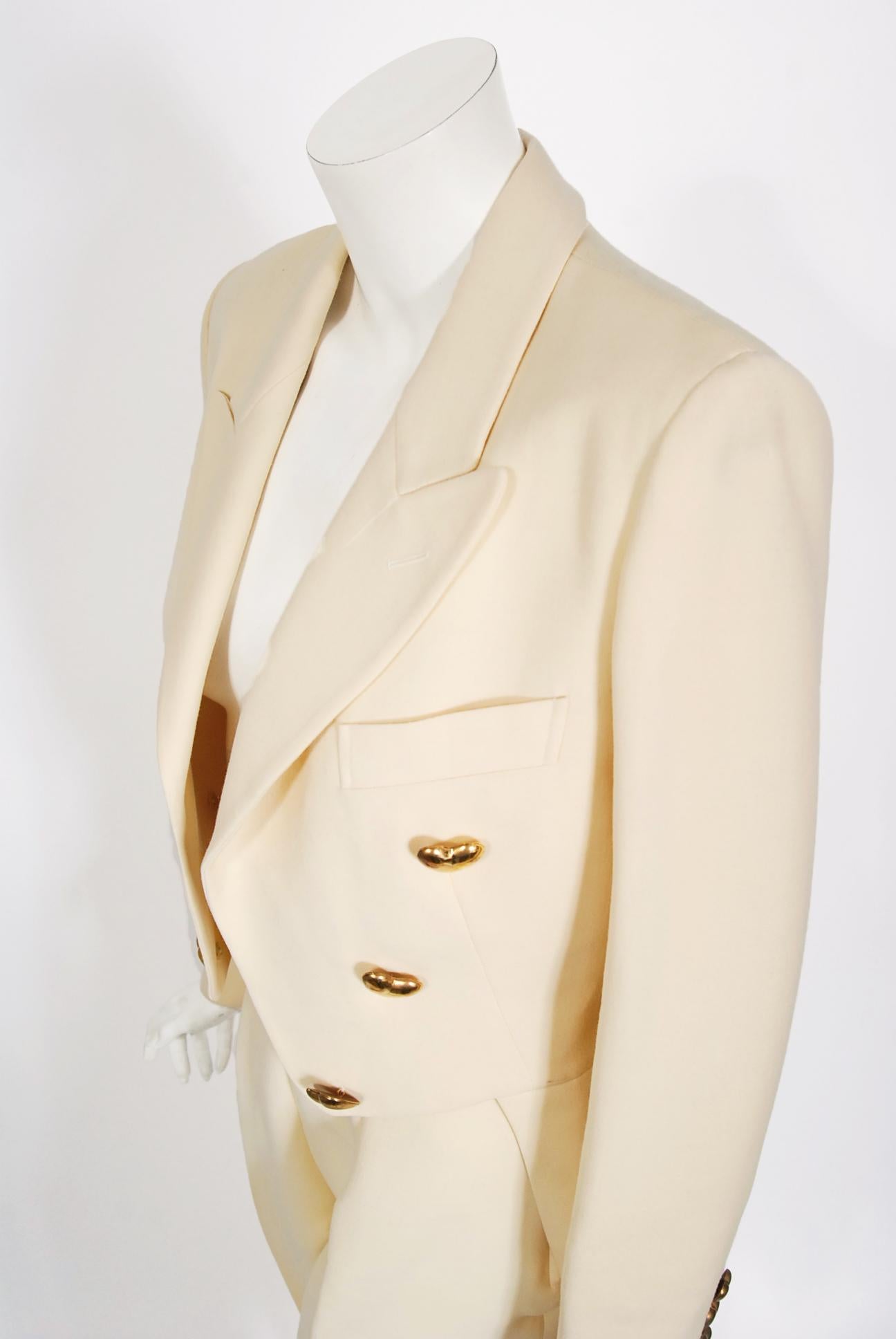 Women's Vintage 1993 Moschino Couture Cream Wool Heart Buttons Tuxedo Jacket & Pants Set