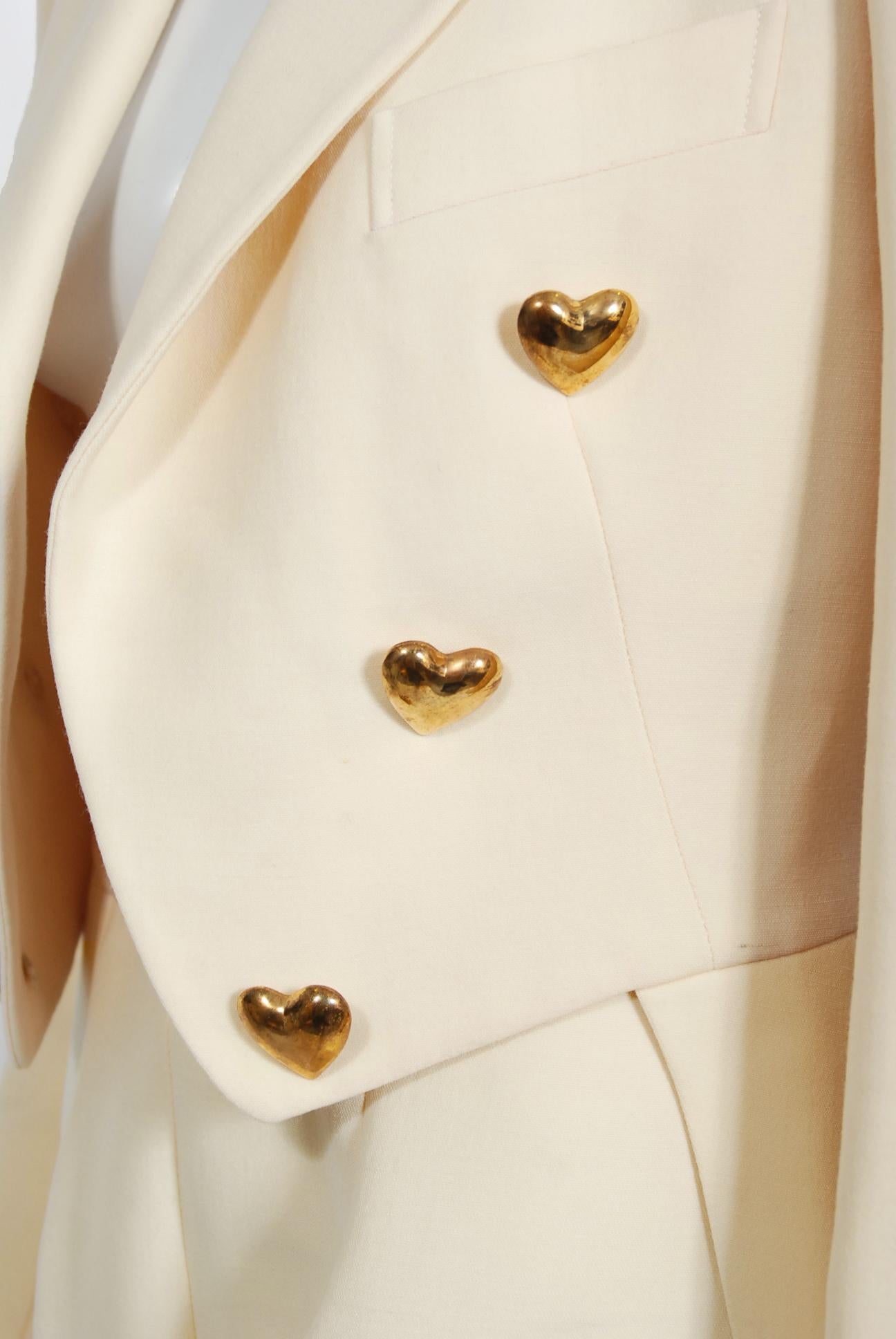 Vintage 1993 Moschino Couture Cream Wool Heart Buttons Tuxedo Jacket & Pants Set 1