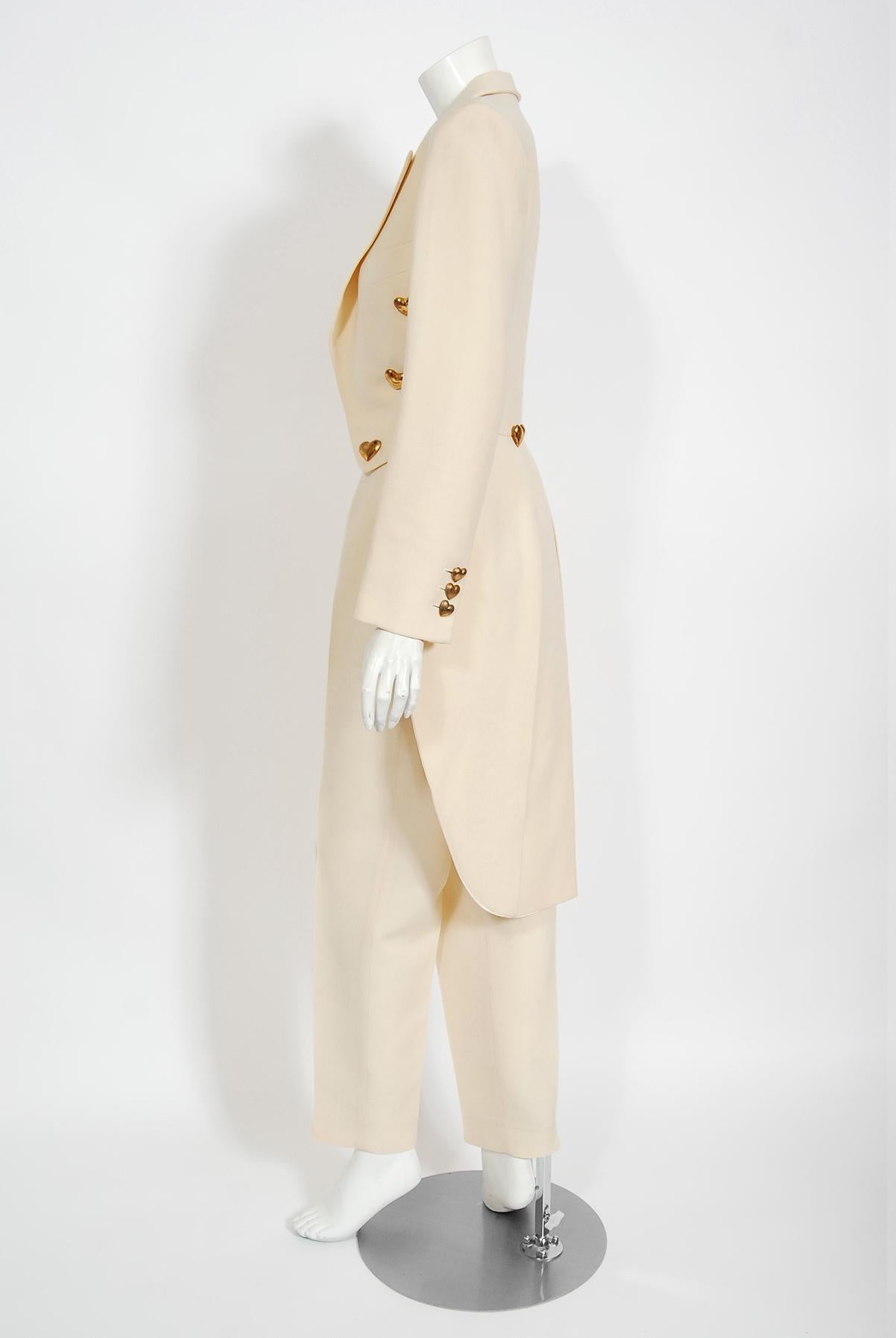 Vintage 1993 Moschino Couture Cream Wool Heart Buttons Tuxedo Jacket & Pants Set 2