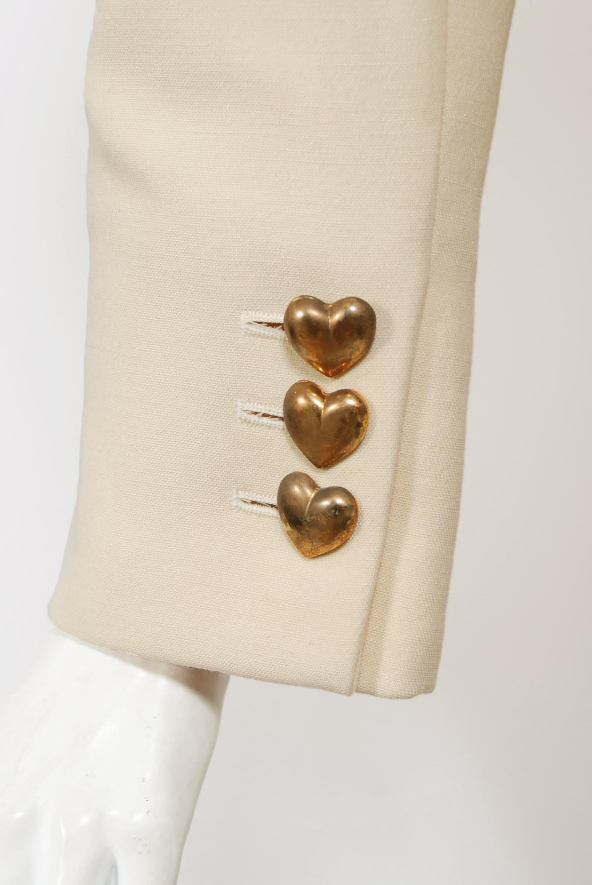 Vintage 1993 Moschino Couture Cream Wool Heart Buttons Tuxedo Jacket & Pants Set 3