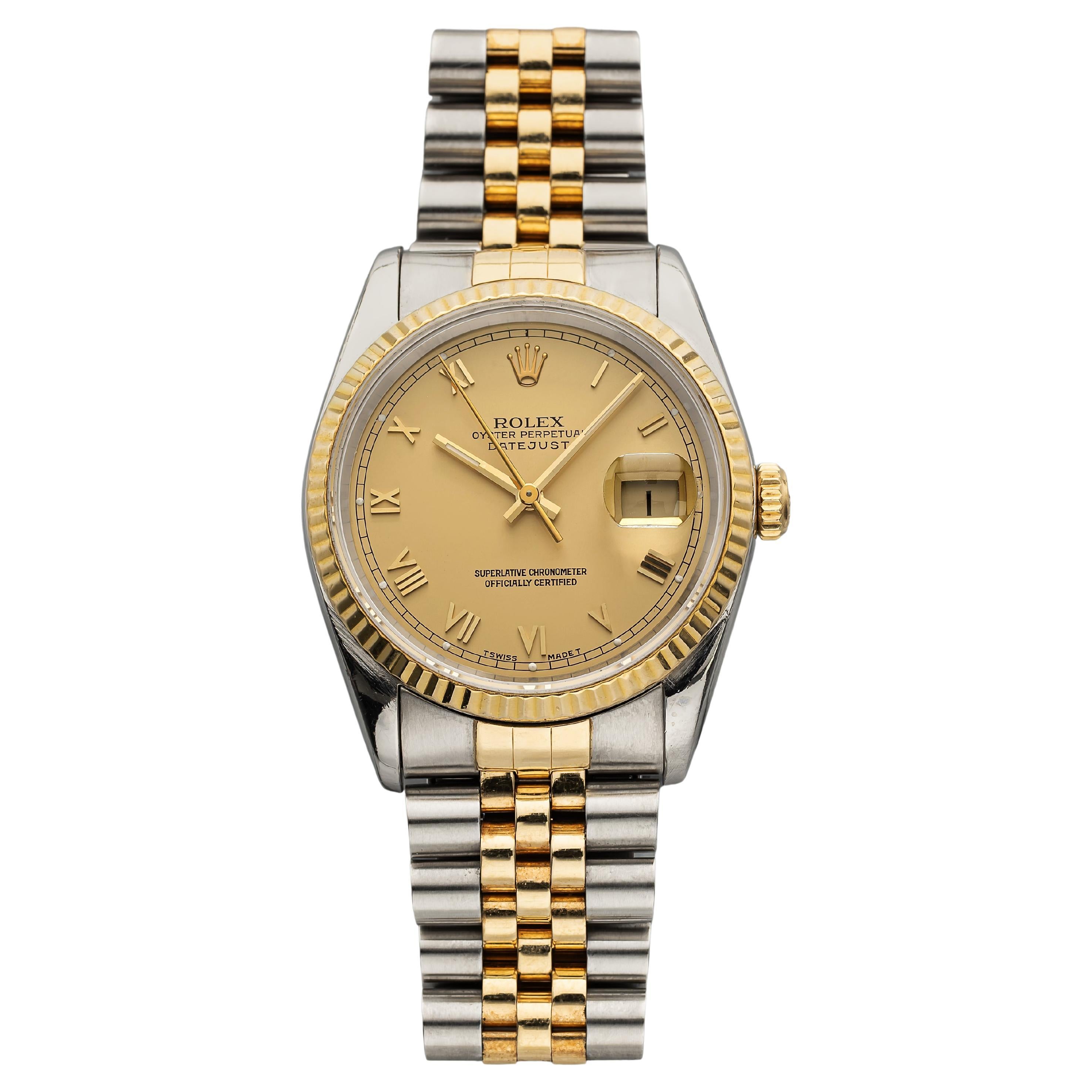 Vintage 1993 Rolex Datejust Two-Tone 16233 Auto Champagner römisches Zifferblatt 36mm