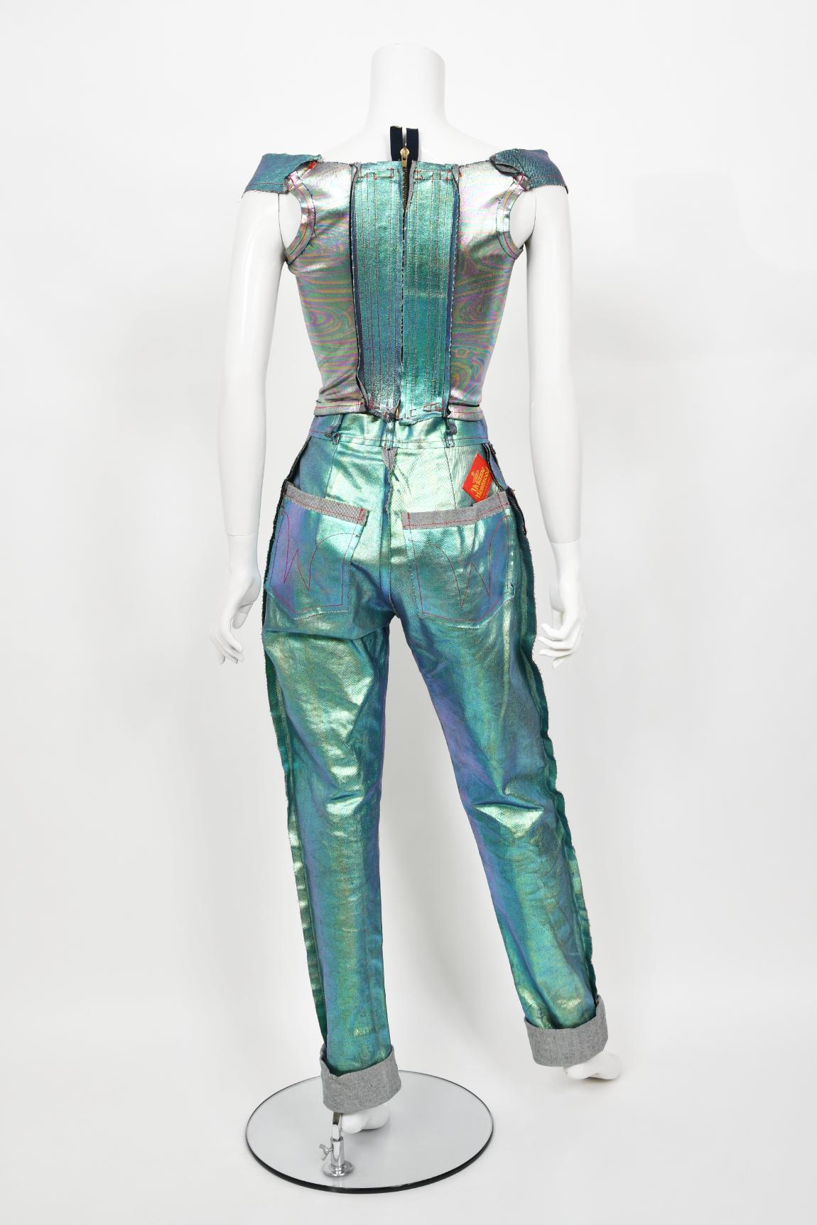 Vintage 1993 Vivienne Westwood Runway Metallic Denim Corset Bustier Top & Pants 12