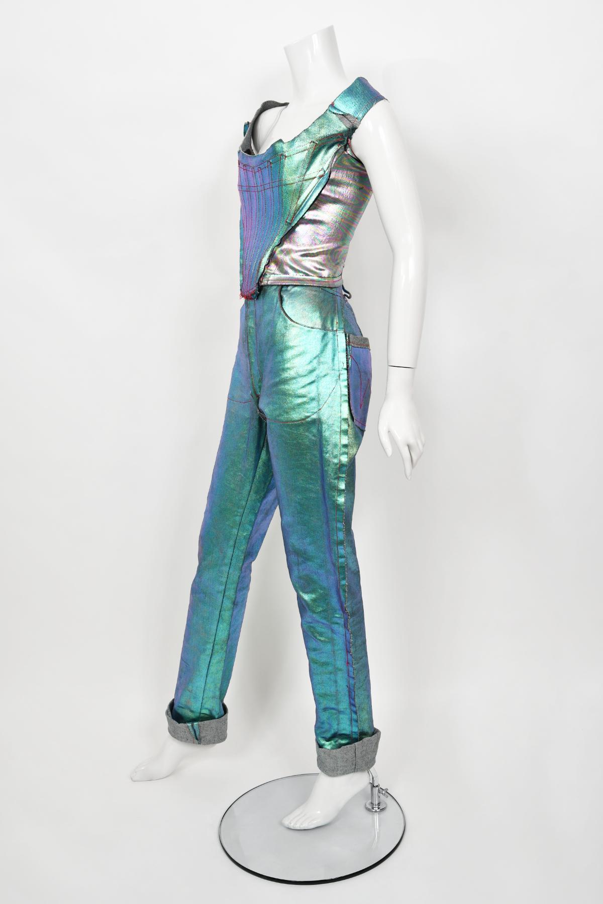 Vintage 1993 Vivienne Westwood Runway Metallic Denim Corset Bustier Top & Pants 2