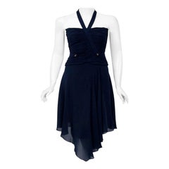 Vintage 1994 Chanel Navy-Blue Silk Halter Bustier & Asymmetric Draped Skirt Set