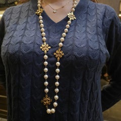 Vintage 1994 Chanel Pearl CC Metal Long Necklace