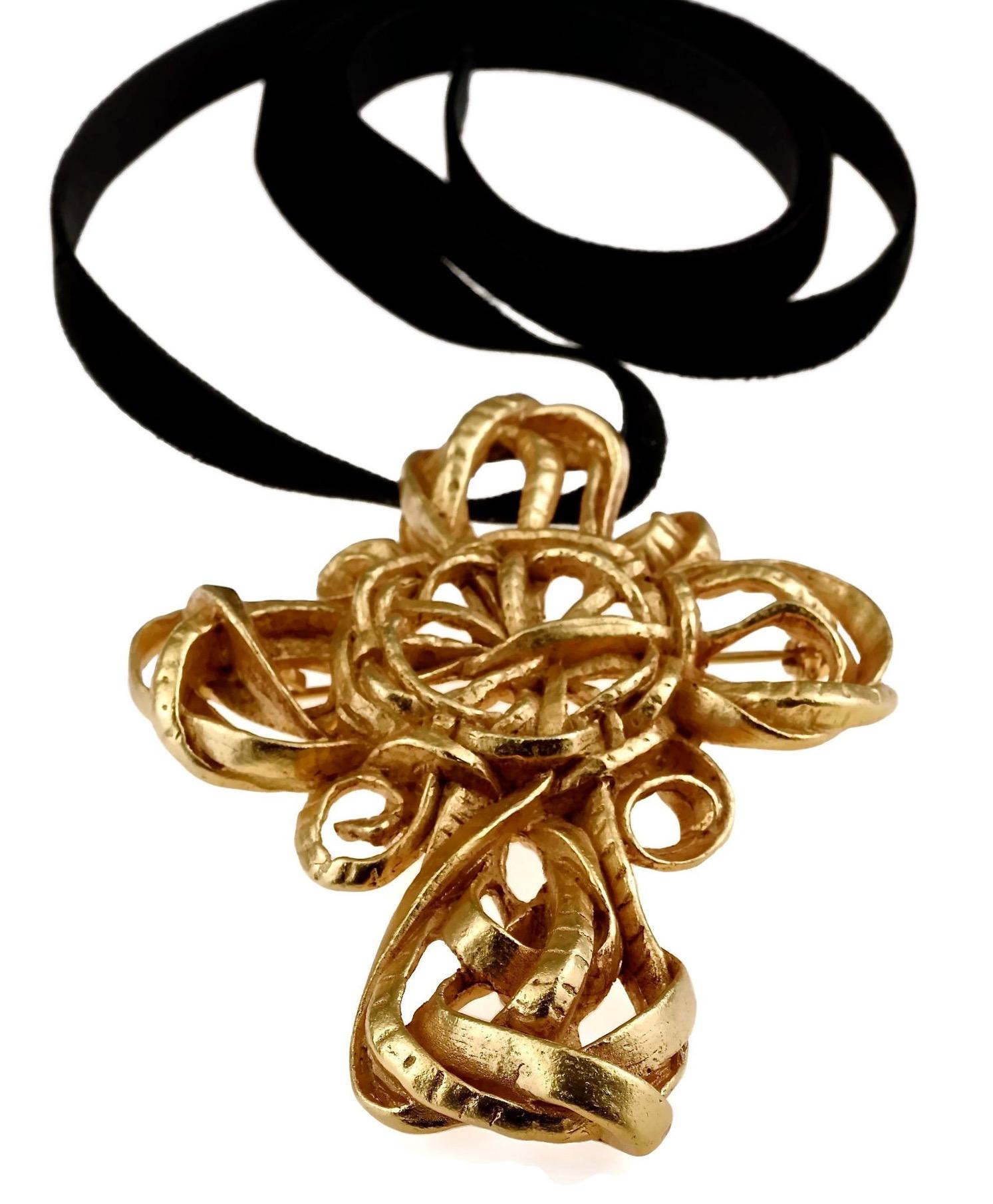 Vintage 1994 CHRISTIAN LACROIX Torsade Cross Brooch Pendant Necklace 1
