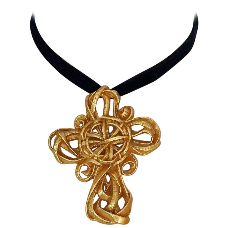 Vintage 1994 CHRISTIAN LACROIX Torsade Cross Brooch Pendant Necklace