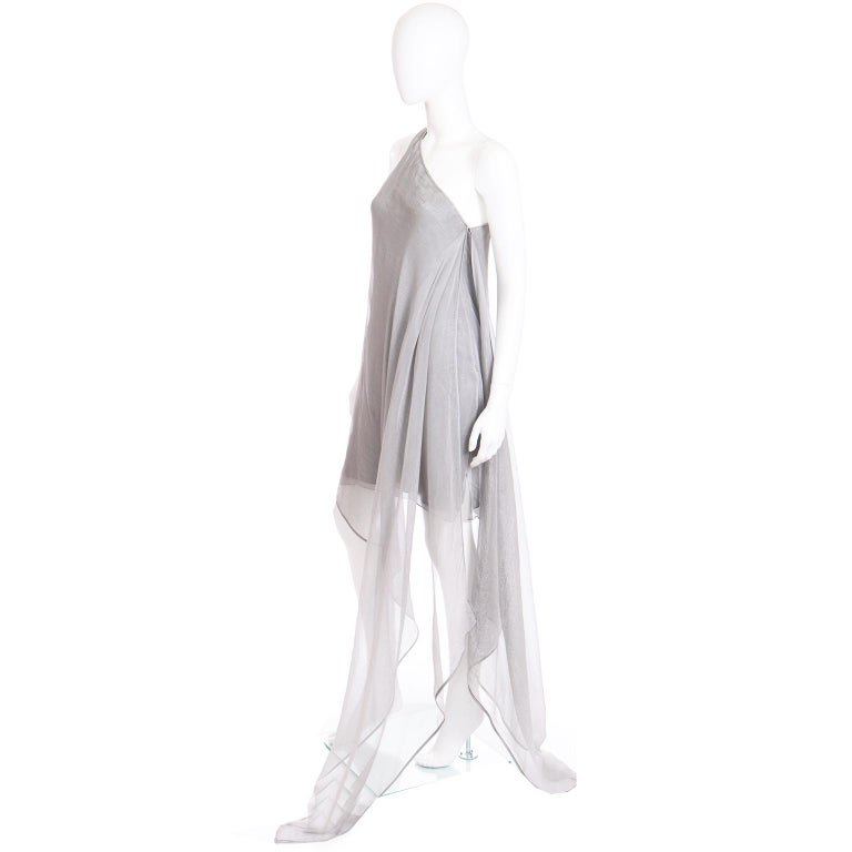 Gray Vintage 1994 Documented Donna Karan Grey Silk Chiffon One Shoulder Evening Dress For Sale