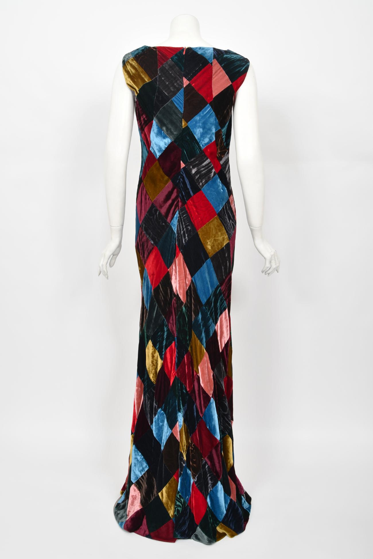 1994 Dolce & Gabbana Editorial Runway Multi-Color Patchwork Velvet Bias Cut Gown For Sale 9