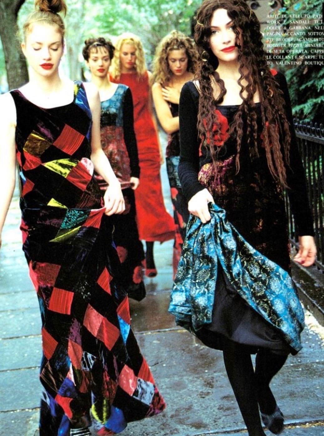 1994 Dolce & Gabbana Editorial Runway Multi-Color Patchwork Velvet Bias Cut Gown In Good Condition For Sale In Beverly Hills, CA