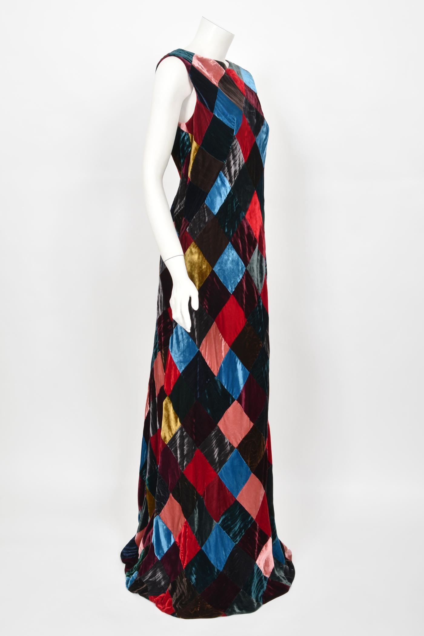 1994 Dolce & Gabbana Editorial Runway Multi-Color Patchwork Velvet Bias Cut Gown For Sale 1