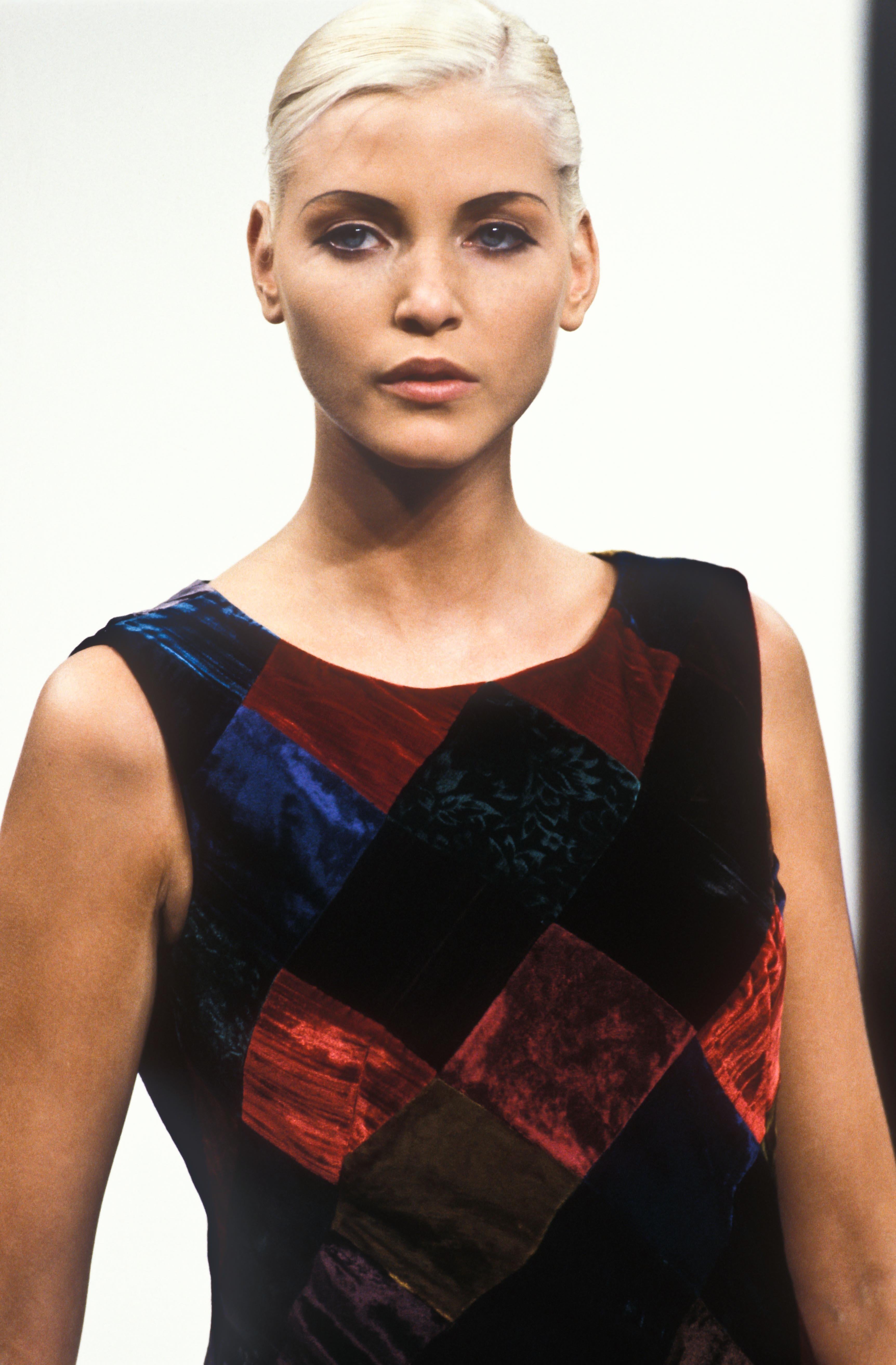 1994 Dolce & Gabbana Editorial Runway Multi-Color Patchwork Velvet Bias Cut Gown For Sale 4
