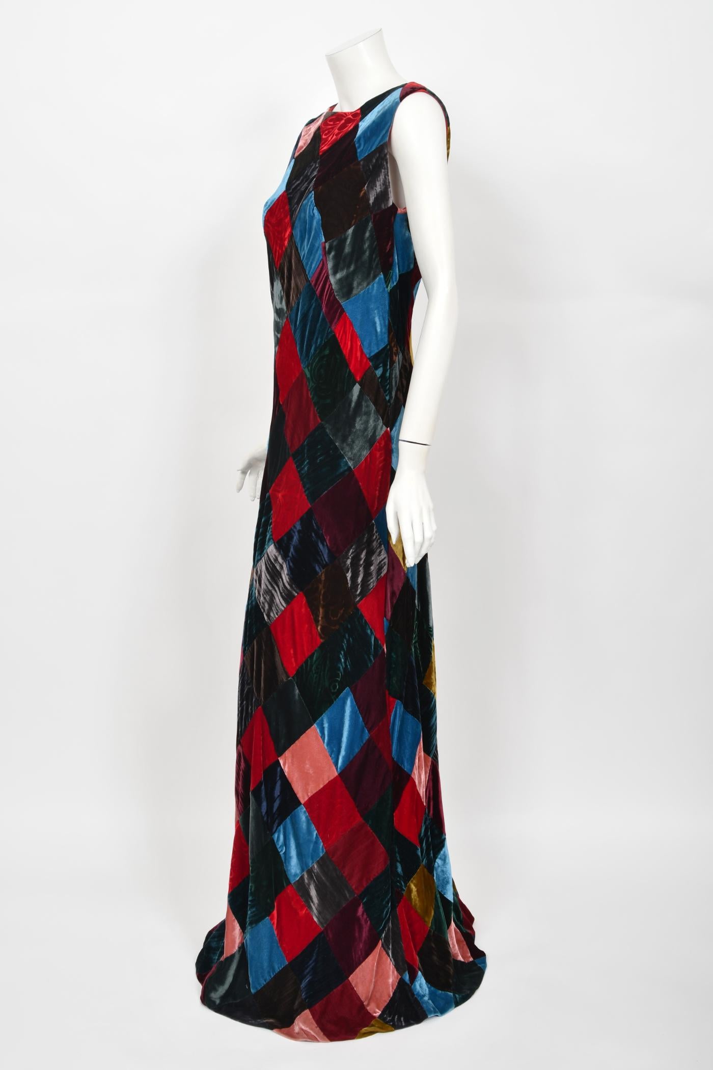 1994 Dolce & Gabbana Editorial Runway Multi-Color Patchwork Velvet Bias Cut Gown For Sale 5