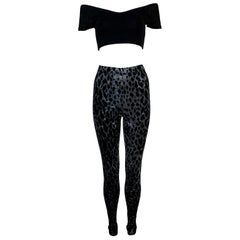 Vintage 1994 Gianni Versace Black Crop Top & Purple Leopard Velvet Leggings Set