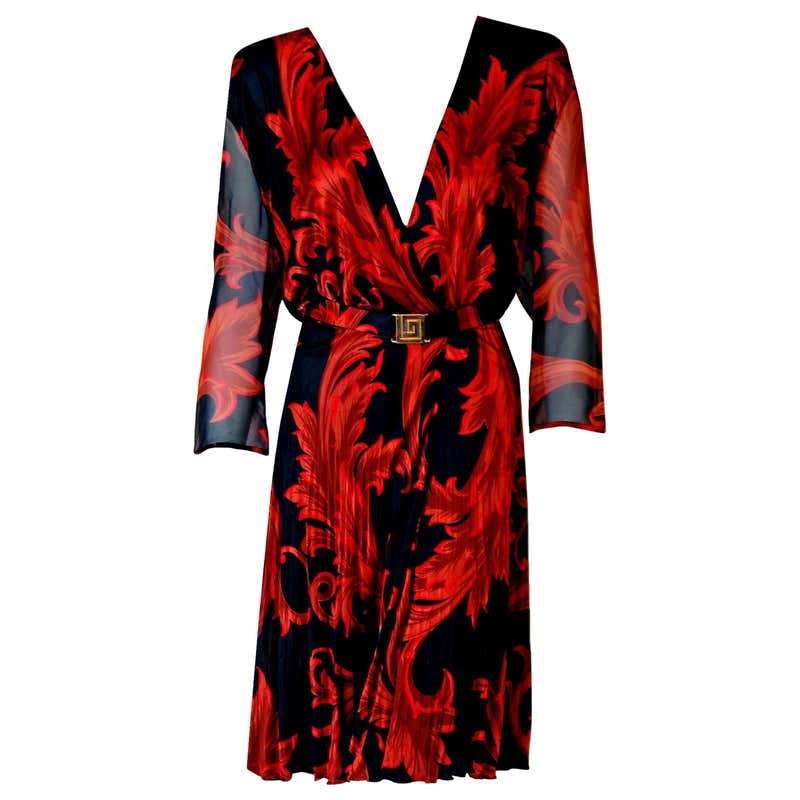 Vintage 1994 Gianni Versace Couture Red Baroque-Print Silk Pleated ...