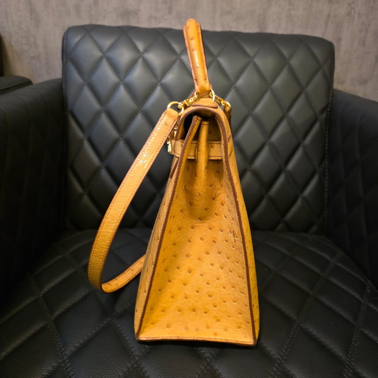 Vintage 1994 Hermes Bolso Kelly 32 Avestruz Castaño en venta 12