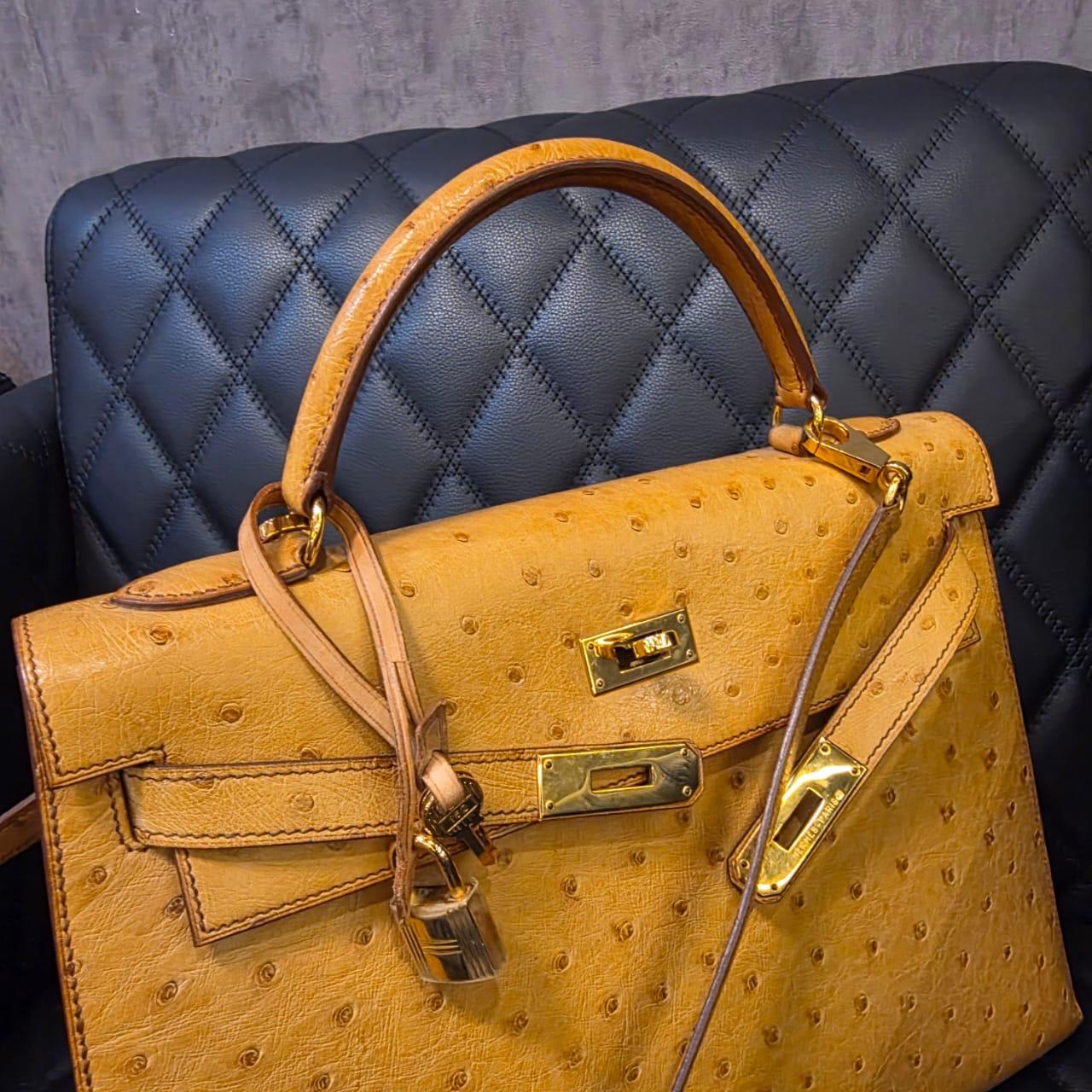 Vintage 1994 Hermes Bolso Kelly 32 Avestruz Castaño Marrón en venta