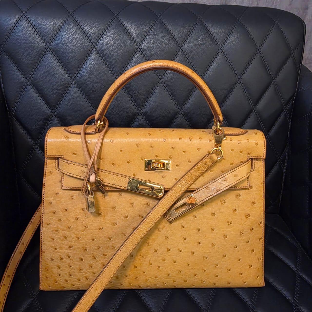 Vintage 1994 Hermes Bolso Kelly 32 Avestruz Castaño en venta 1