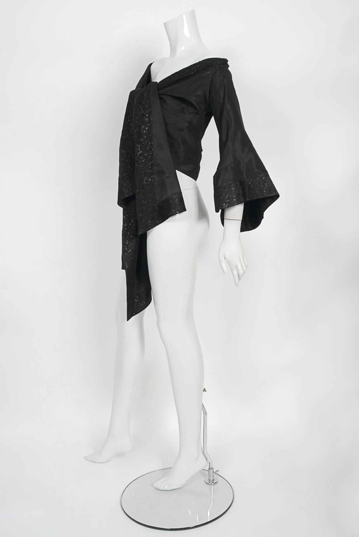 1994 John Galliano Black Silk & Metallic Lace Cropped Kimono-Style Wrap Jacket 7