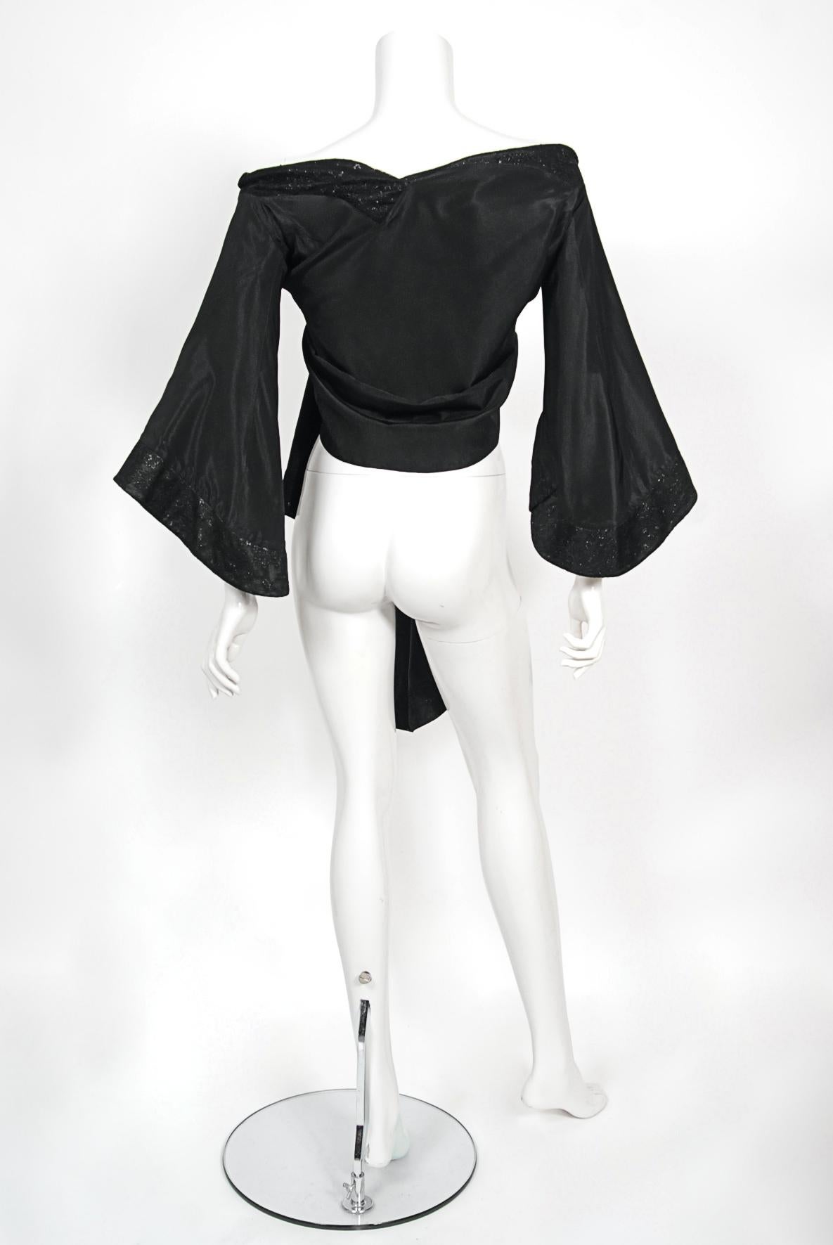 Vintage 1994 John Galliano Silk & Metallic Lace Cropped Kimono-Style Wrap Jacket For Sale 8