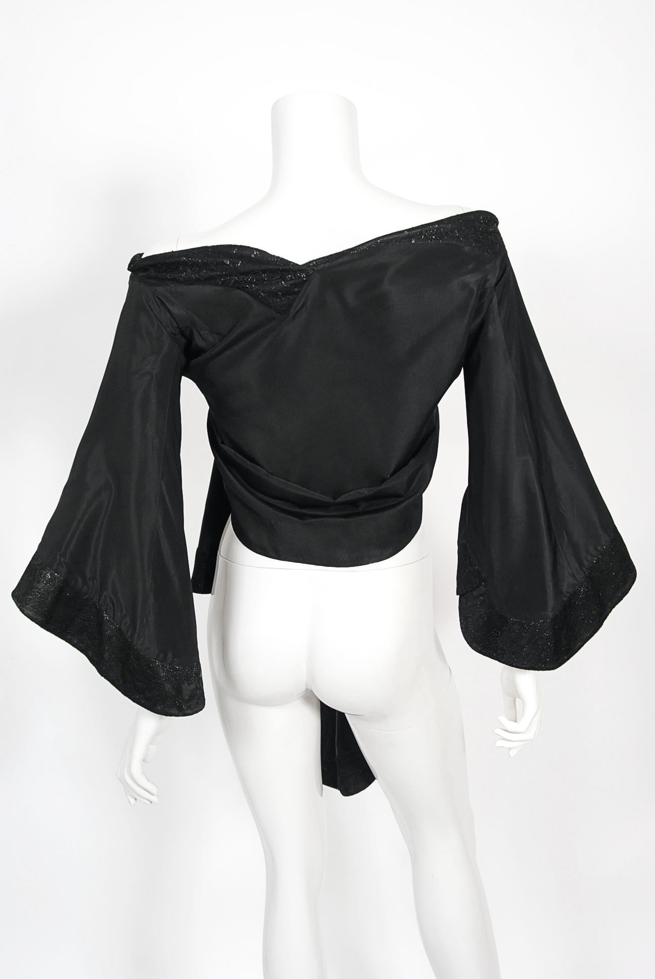 Vintage 1994 John Galliano Silk & Metallic Lace Cropped Kimono-Style Wrap Jacket For Sale 9