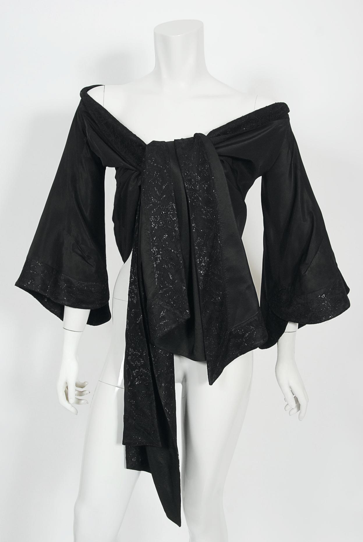 Women's Vintage 1994 John Galliano Silk & Metallic Lace Cropped Kimono-Style Wrap Jacket For Sale