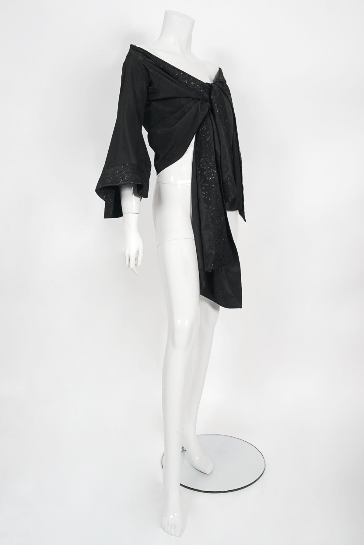Vintage 1994 John Galliano Silk & Metallic Lace Cropped Kimono-Style Wrap Jacket For Sale 3