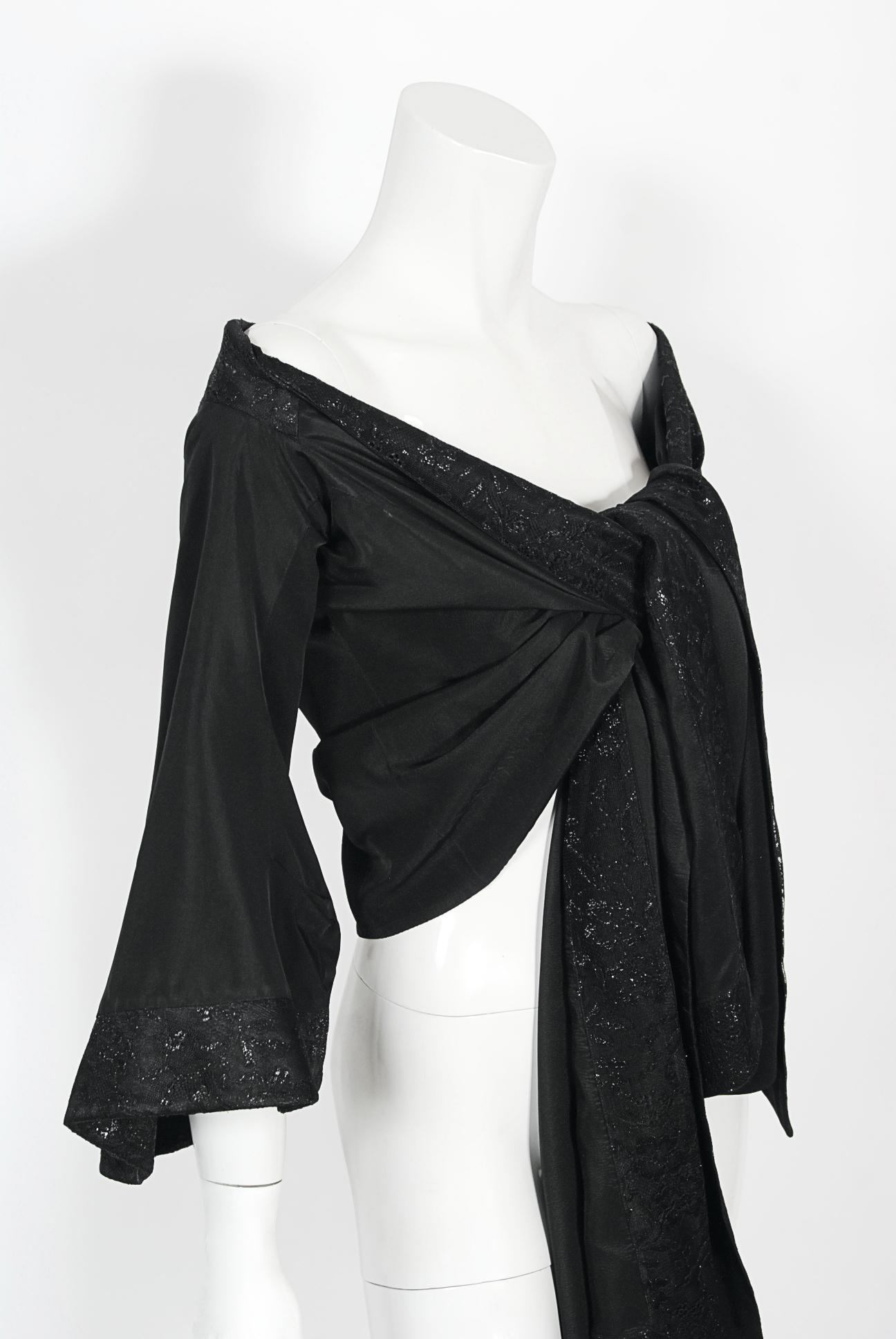 1994 John Galliano Black Silk & Metallic Lace Cropped Kimono-Style Wrap Jacket 4