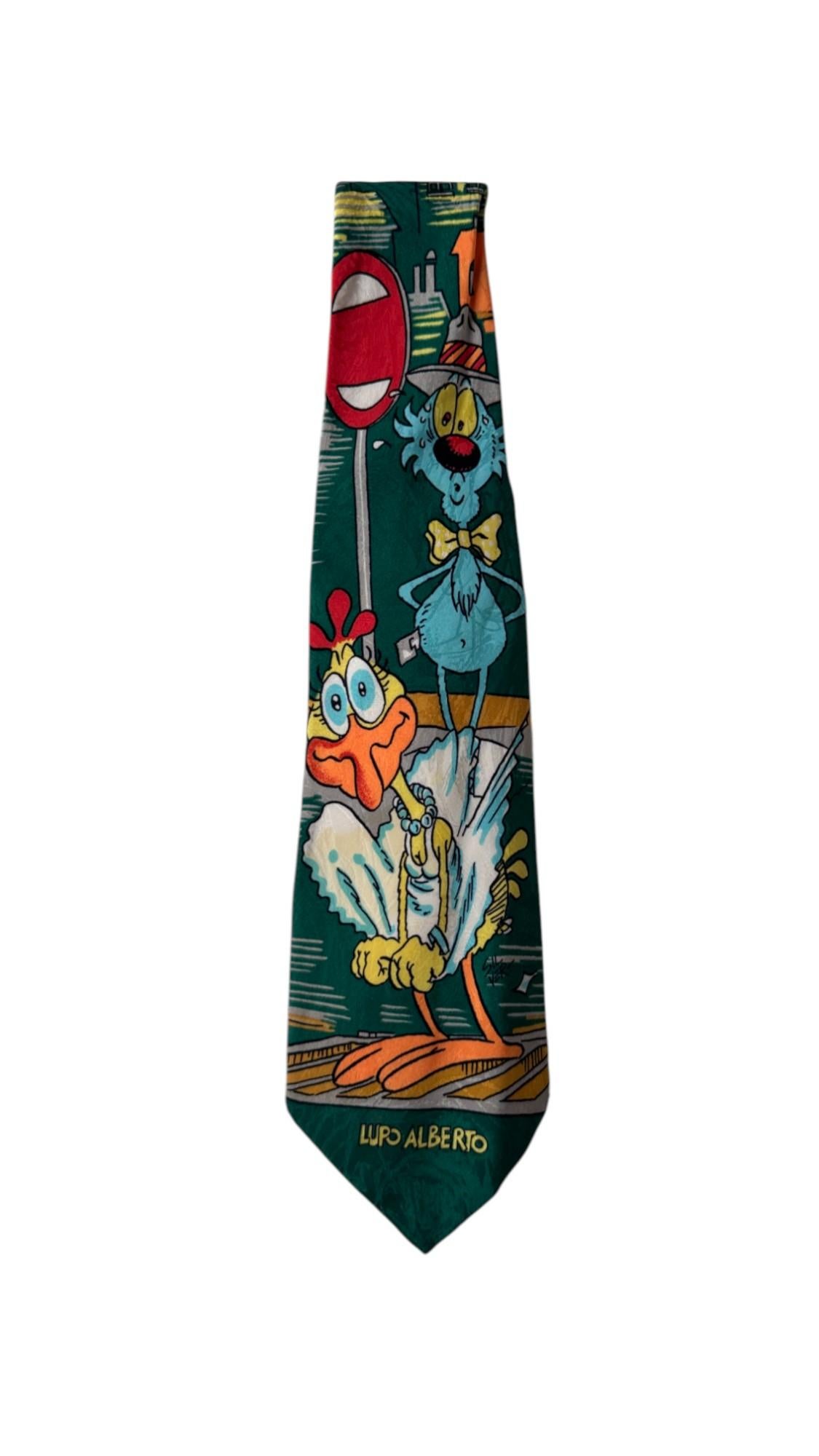 Vintage 1994 Lupo Alberto Silk Tie – Italian Pop Culture by Silver in vendita 1