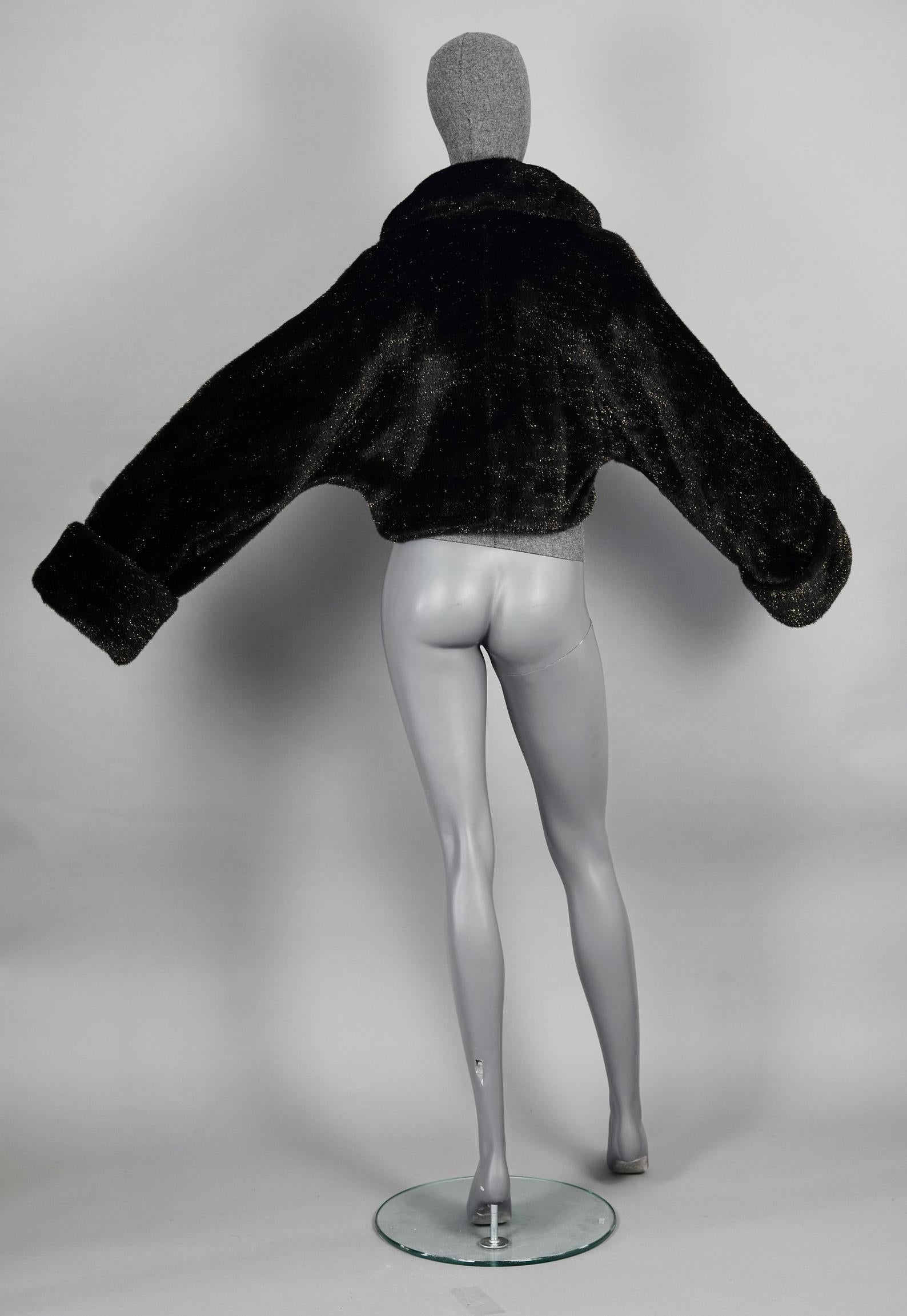 Vintage 1994 MOSCHINO Question Mark Shimmering Faux Fur Cropped Jacket In Excellent Condition In Kingersheim, Alsace