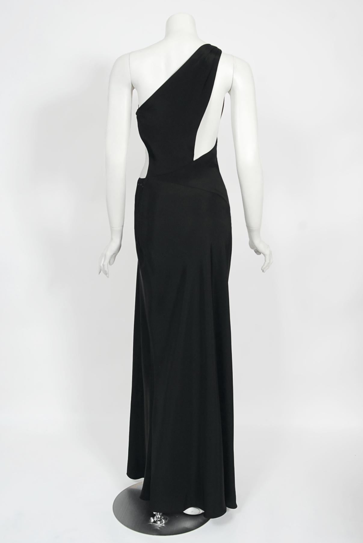 Vintage 1994 Philippe Venet Couture Black Silk Asymmetric Cut Out Bias-Cut Gown For Sale 7