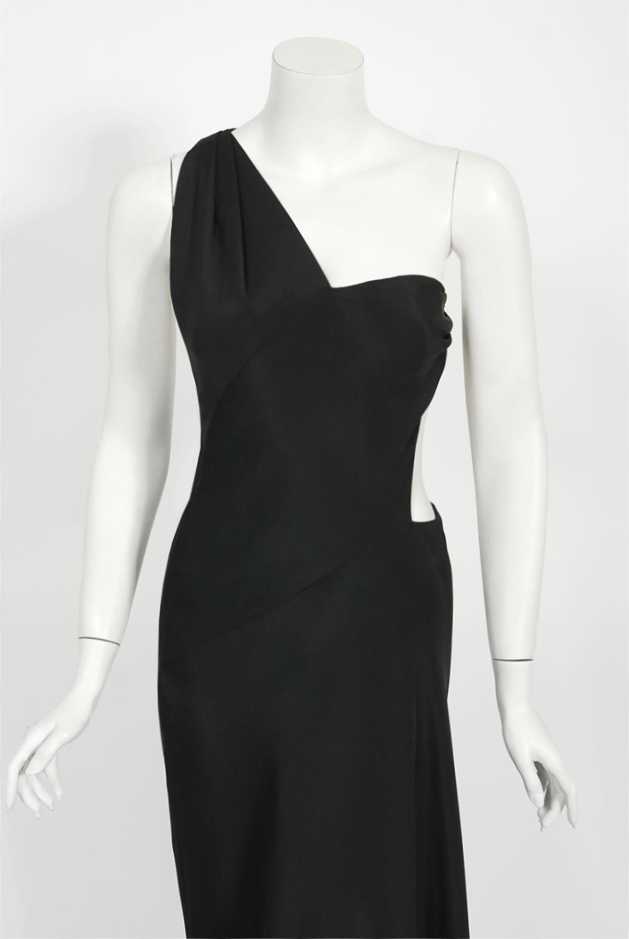 Vintage 1994 Philippe Venet Couture Black Silk Asymmetric Cut Out Bias-Cut Gown In Good Condition For Sale In Beverly Hills, CA