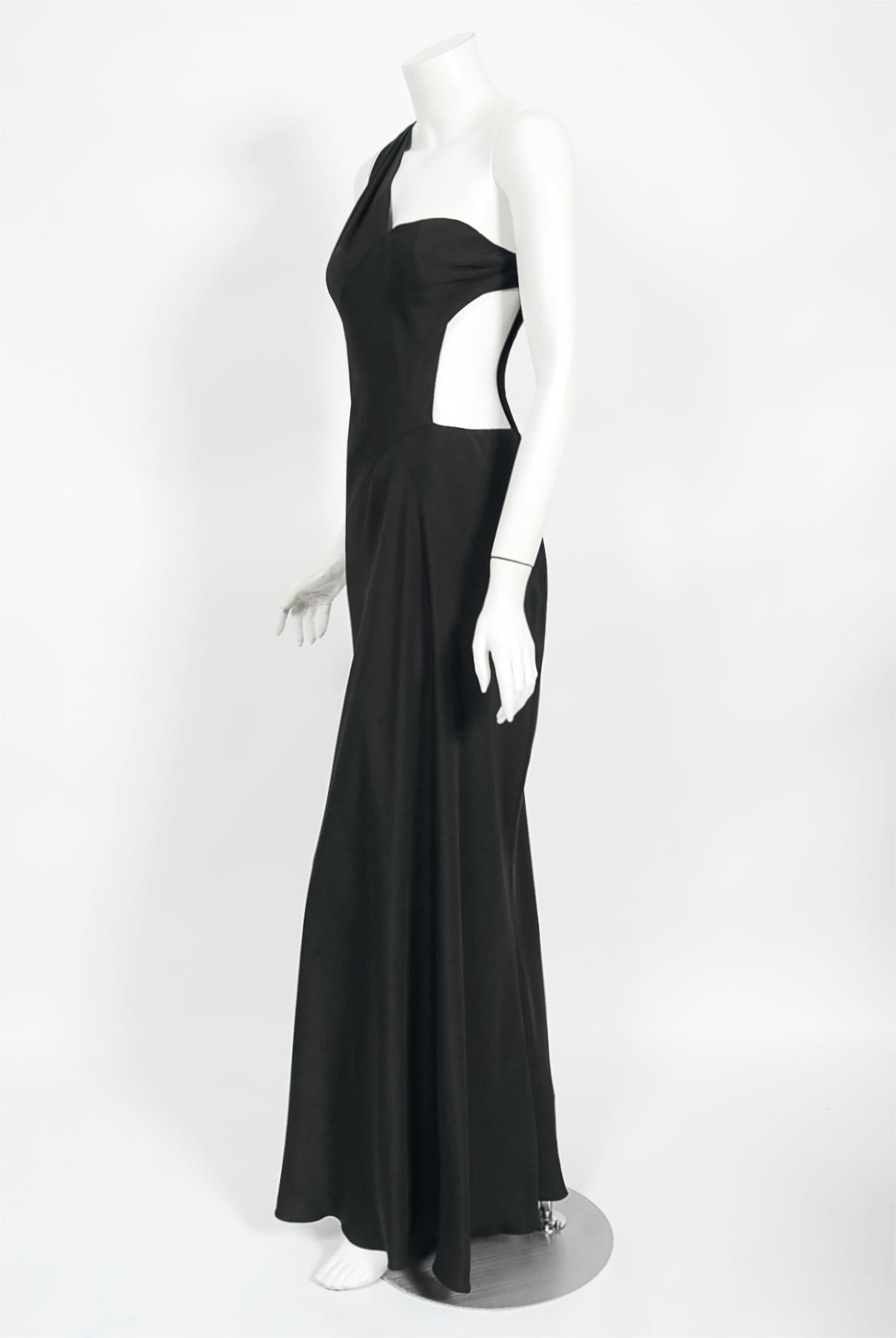 Vintage 1994 Philippe Venet Couture Black Silk Asymmetric Cut Out Bias-Cut Gown For Sale 1