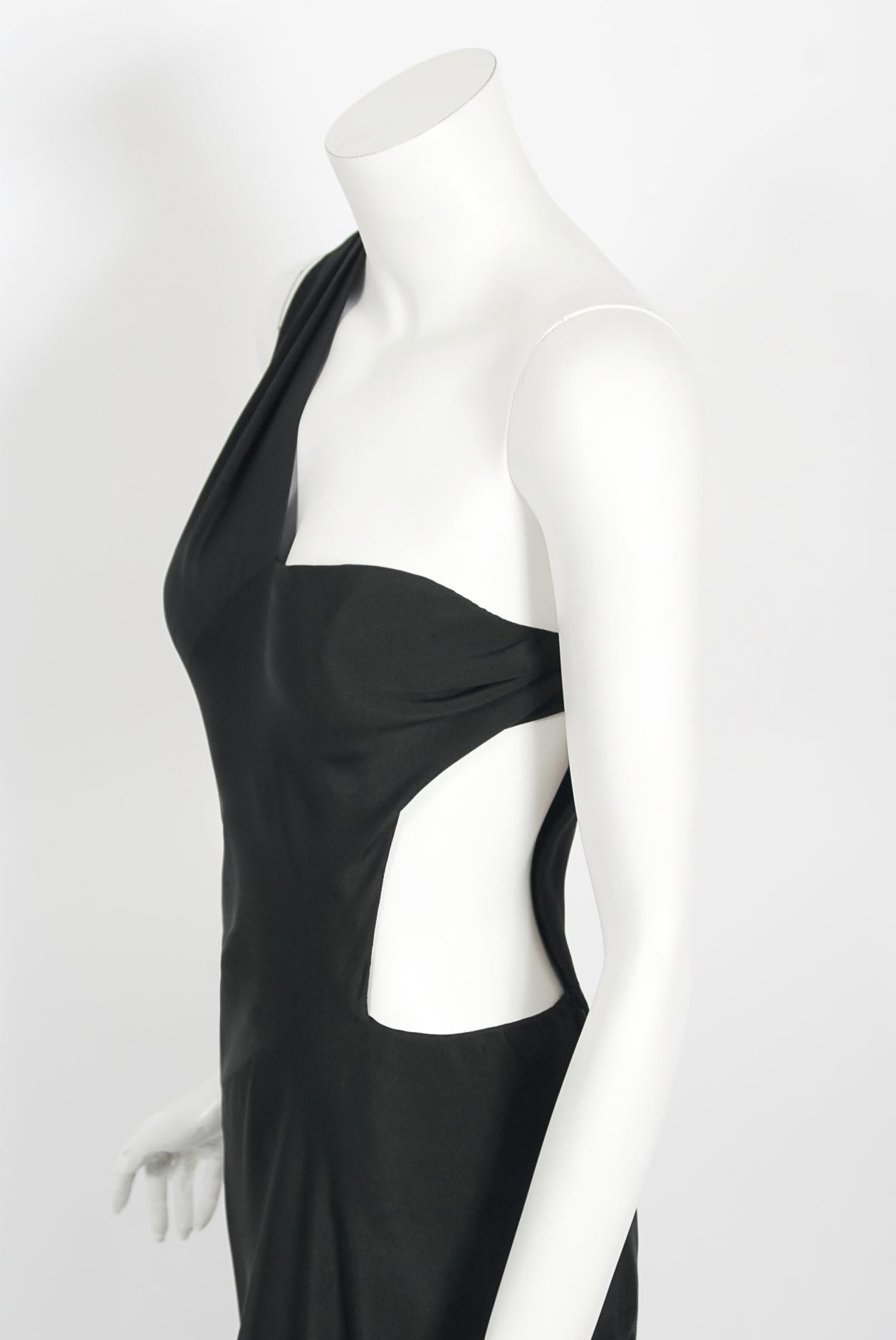 Vintage 1994 Philippe Venet Couture Black Silk Asymmetric Cut Out Bias-Cut Gown For Sale 2