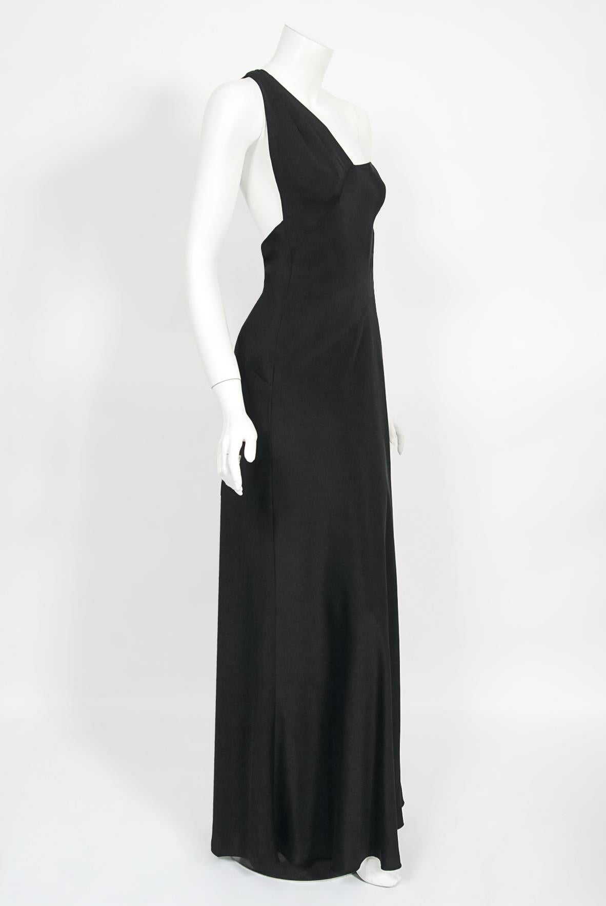 Vintage 1994 Philippe Venet Couture Black Silk Asymmetric Cut Out Bias-Cut Gown For Sale 5