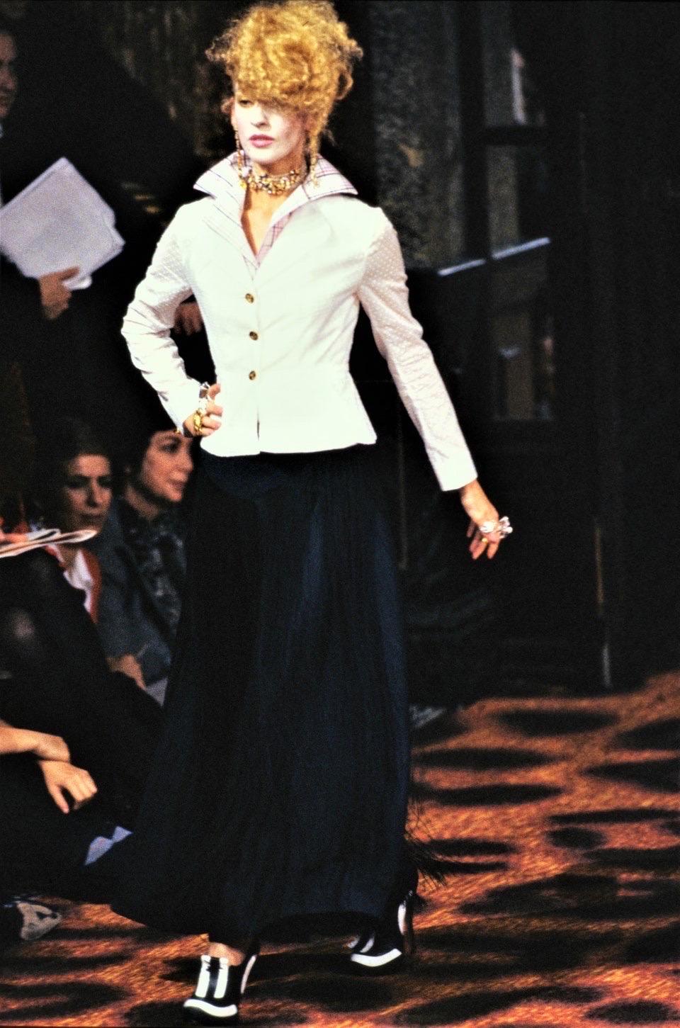 Archival 1994 Vivienne Westwood Pinstripe Wool Jacket and High-Low Trained Skirt For Sale 9