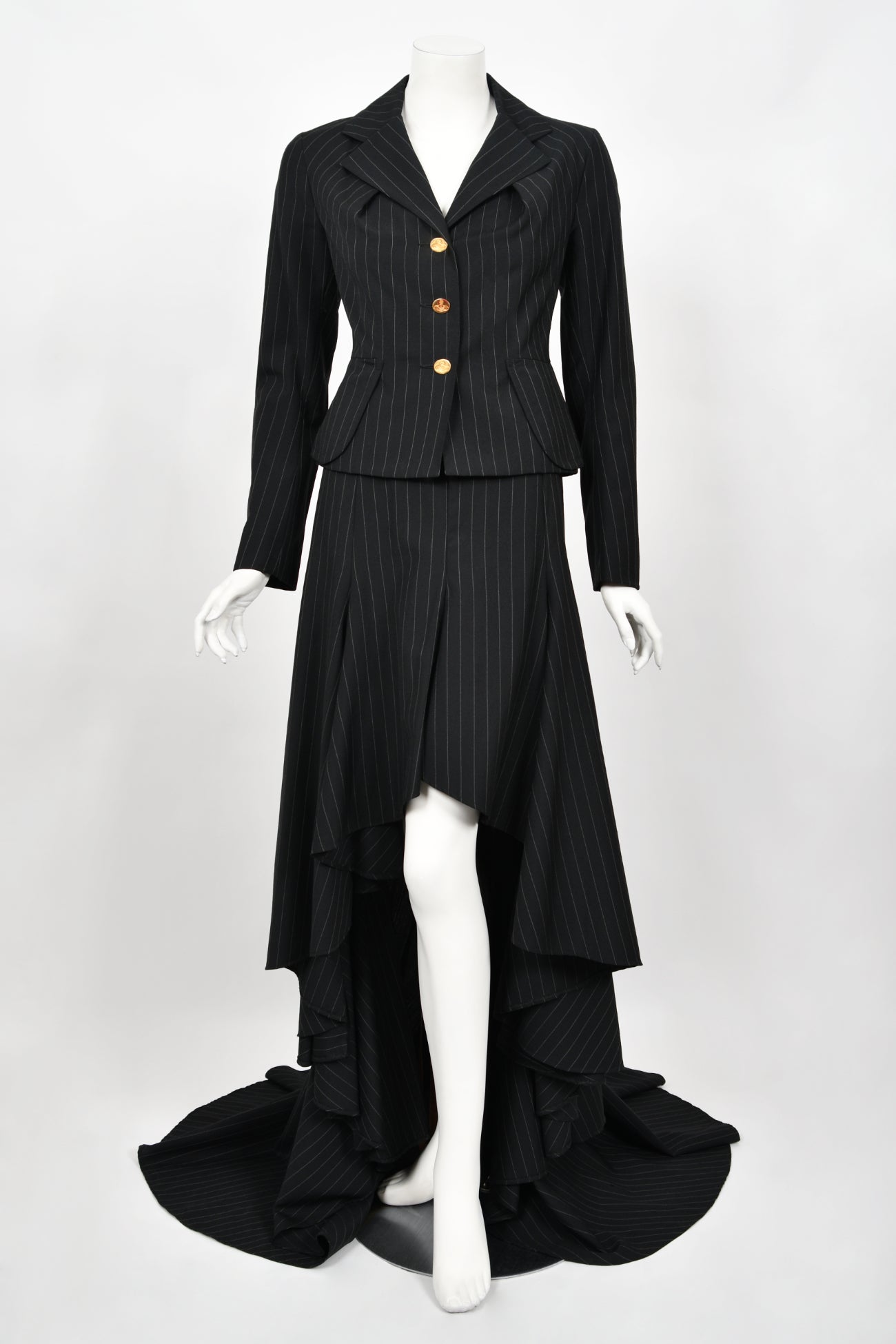 Archival 1994 Vivienne Westwood Pinstripe Wool Jacket and High-Low Trained Skirt For Sale 10